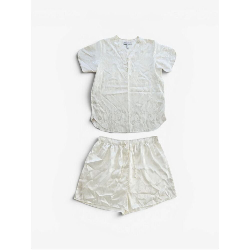 Vintage Erika Taylor Ivory Paisley Silky Satin 2 Piece Blouse Shorts Sleep Set L